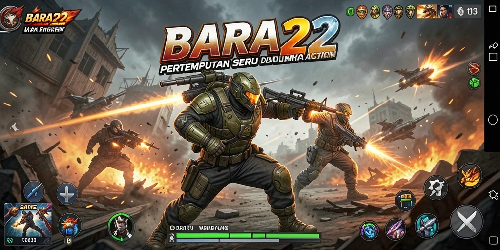 Tampilan gameplay BARA22 dengan aksi seru dan karakter yang beragam.