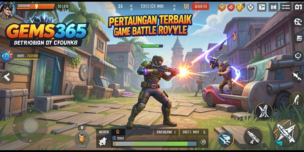 Screenshot GEMS365 menampilkan aksi pertempuran intens di arena Battle Royale.