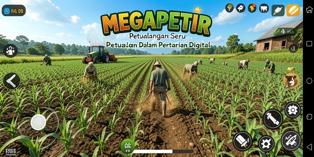Tangkapan layar gameplay MEGAPETIR yang menunjukkan pertanian yang indah.