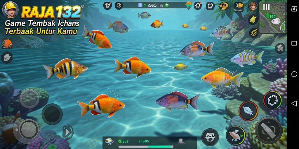 Tampilan gameplay seru dalam RAJA132 saat menembak ikan dengan senjata.