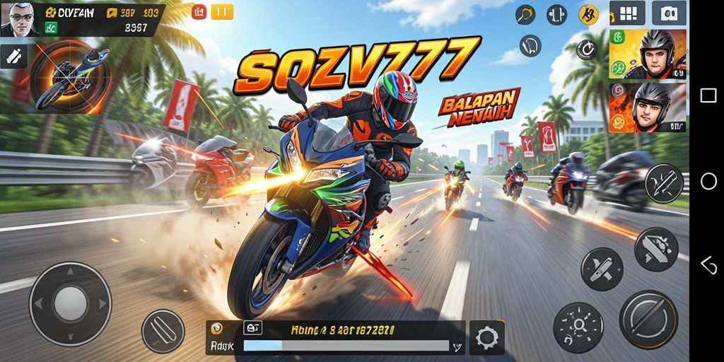 Screenshot SOV777 menunjukkan balapan motor yang mendebarkan di lintasan yang dinamis.