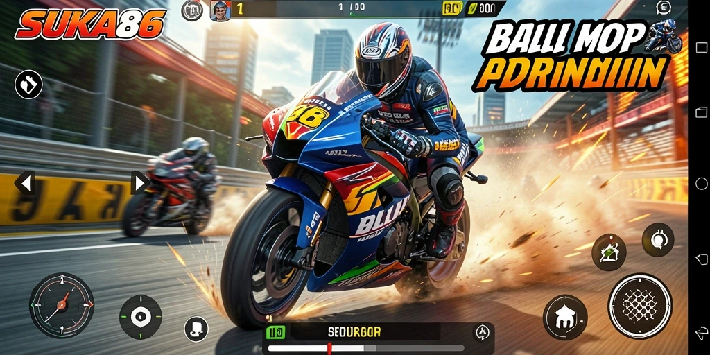 Tampilan gameplay menegangkan dalam SUKA86 saat balapan motor.